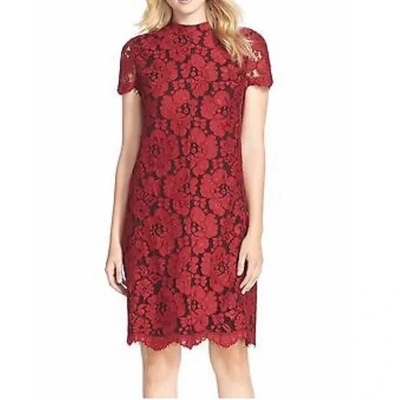 Betsey Johnson Dresses & Skirts - Betsey Johnson Red Mock-Neck Floral Lace Sheath Dress Women’s Size 4